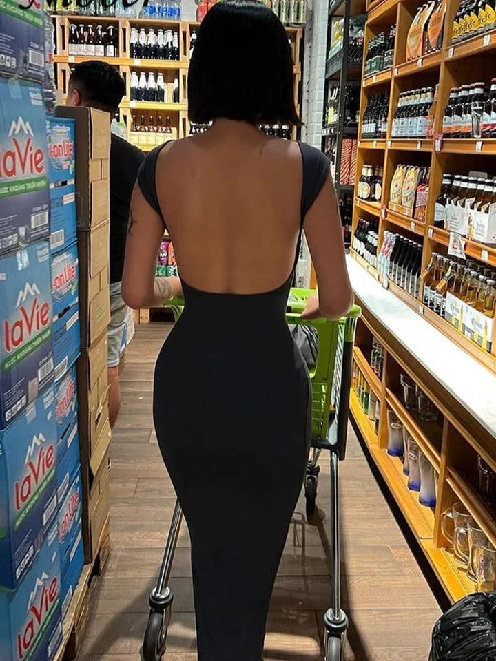 Solid Sexy Backless Maxi Dress Women Elegant Elastic Slim Short Sleeve Long Dresses Female Bodycon Streetwear Clothing