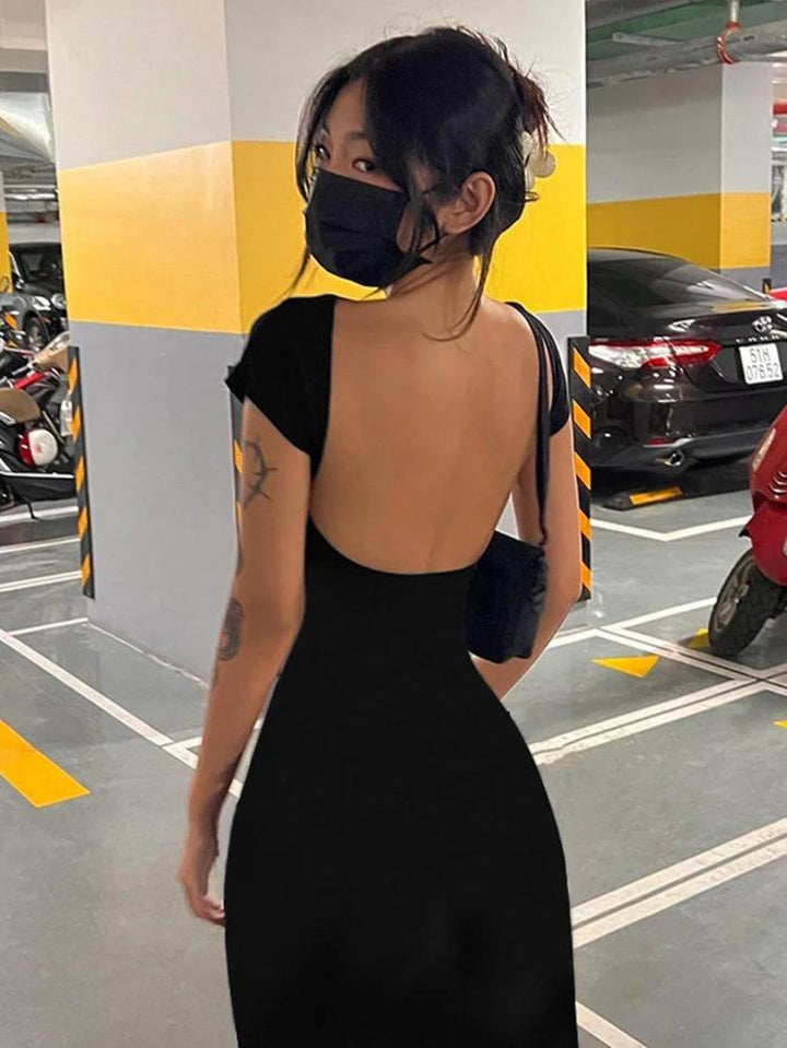 Solid Sexy Backless Maxi Dress Women Elegant Elastic Slim Short Sleeve Long Dresses Female Bodycon Streetwear Clothing